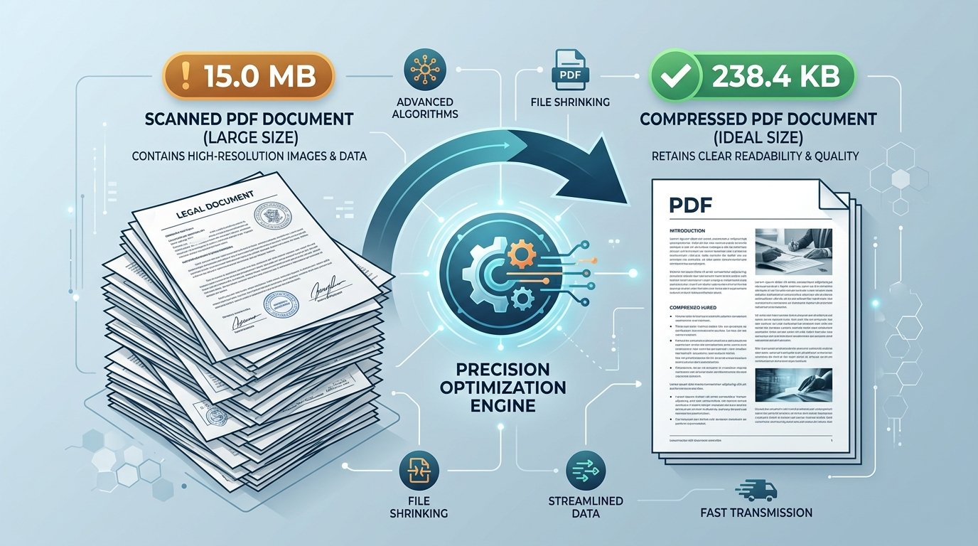 Infographic illustrating PDF document compression reducing file size from 15.0MB to under 250KB