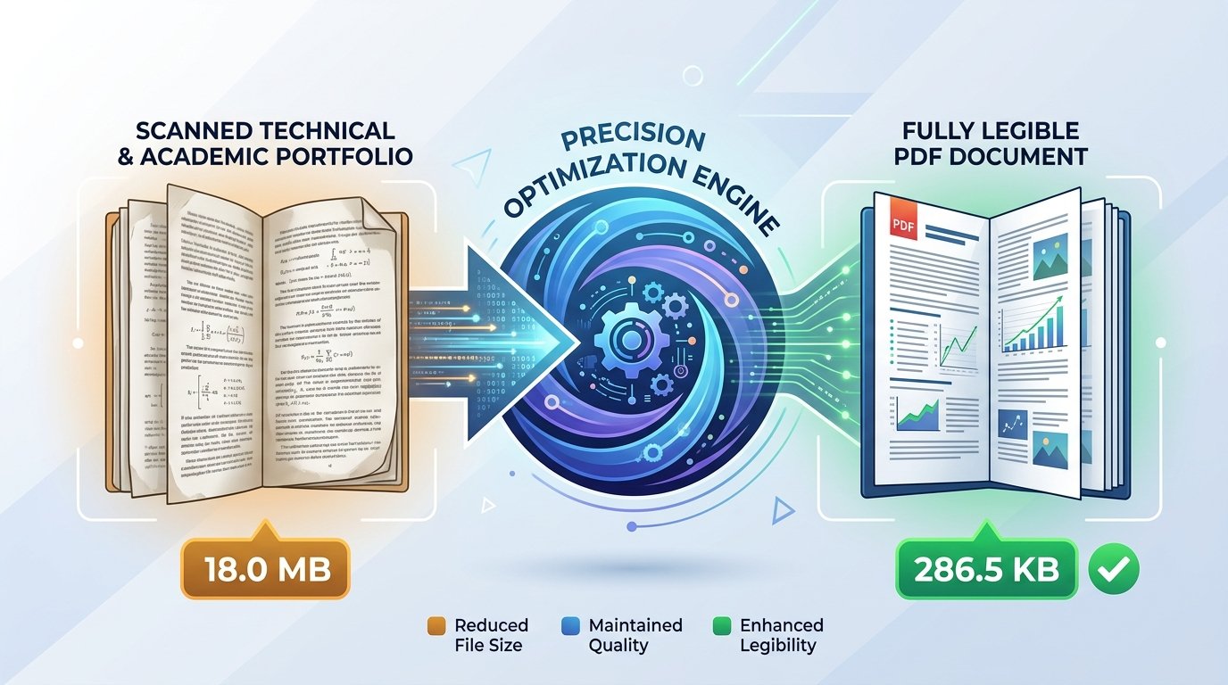 Infographic illustrating PDF document compression reducing file size from 18.0MB to under 300KB