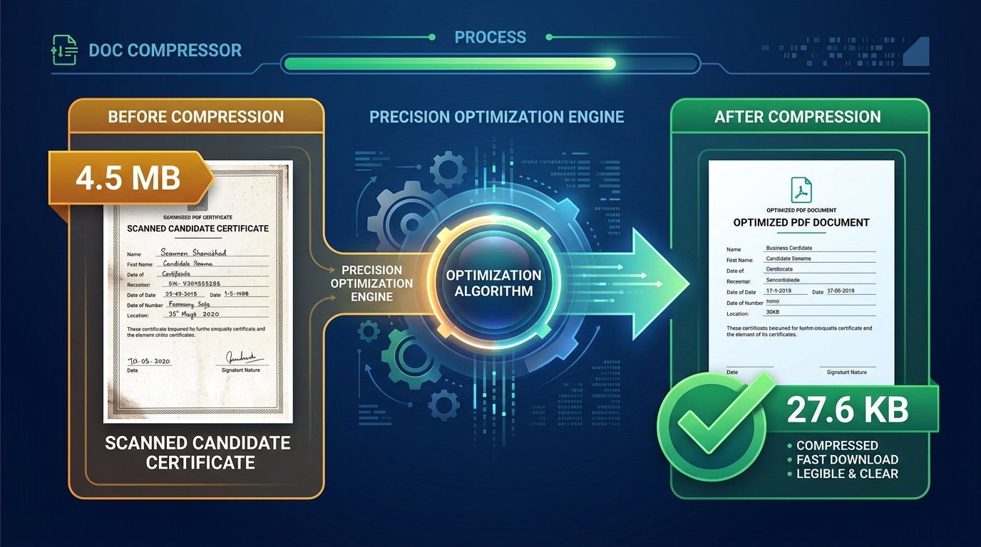 Infographic illustrating the 30KB PDF document compression pipeline reducing file size from 4.5MB to under 30KB
