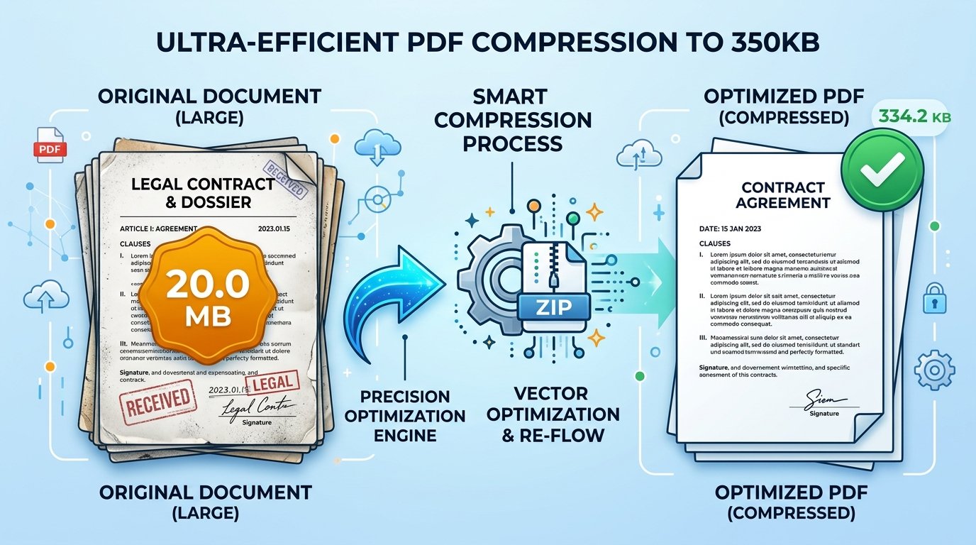 Infographic illustrating PDF document compression reducing file size from 20.0MB to under 350KB