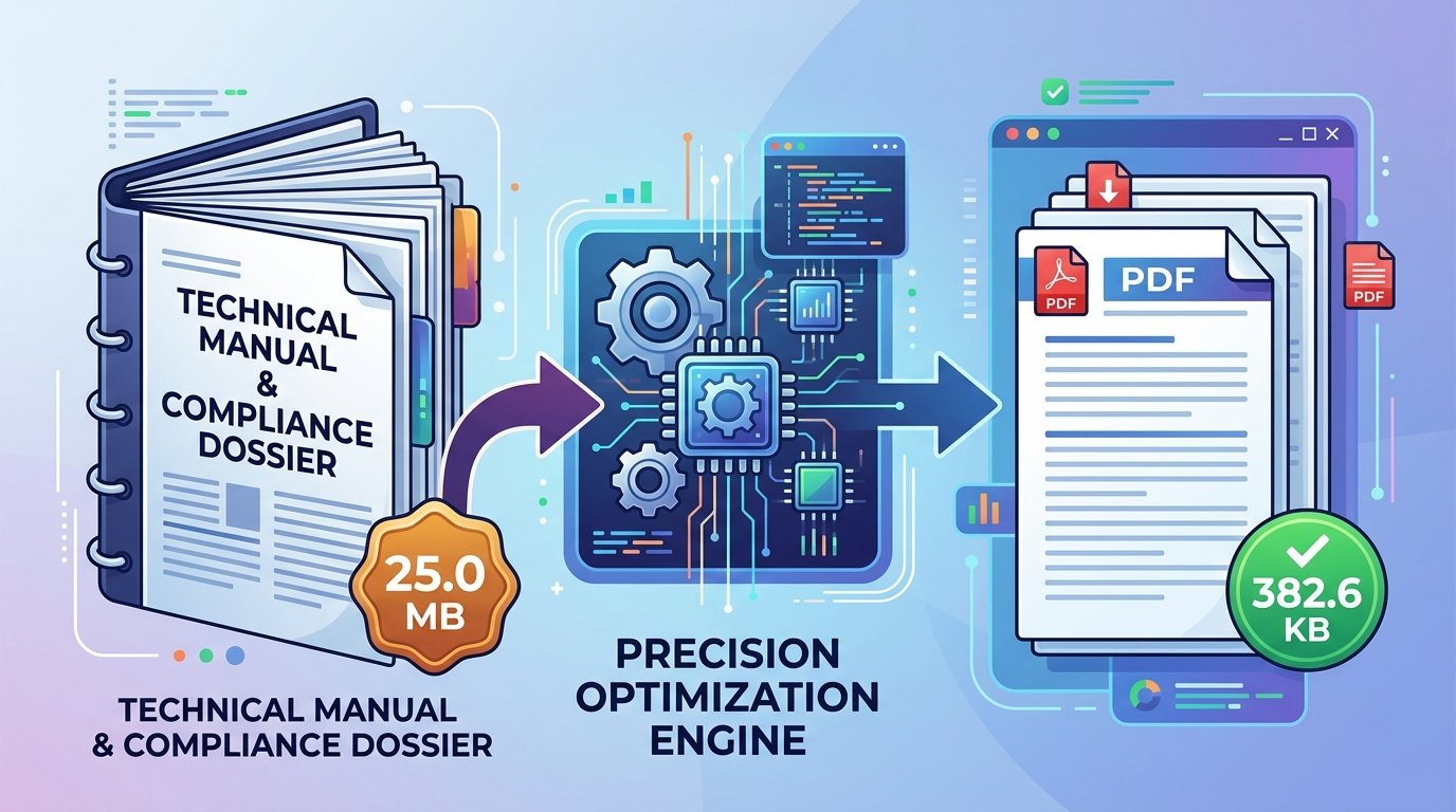 Infographic illustrating PDF document compression reducing file size from 25.0MB to under 400KB