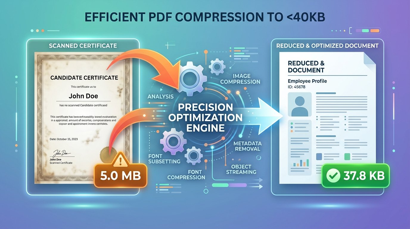 Infographic illustrating 40KB PDF document compression reducing file size from 5.0MB to under 40KB
