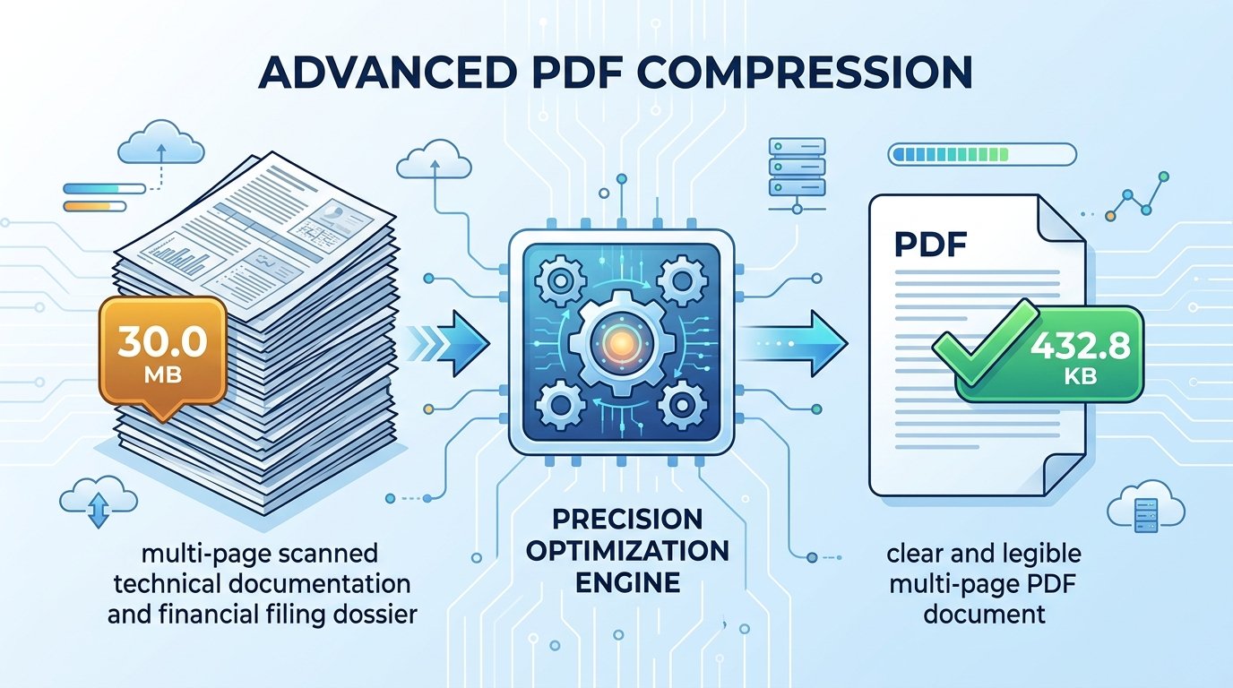 Infographic illustrating PDF document compression reducing file size from 30.0MB to under 450KB