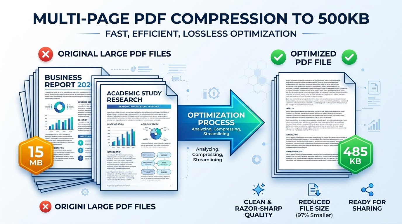 Infographic showing multi-page PDF document compression reducing file size from 15MB to under 500KB