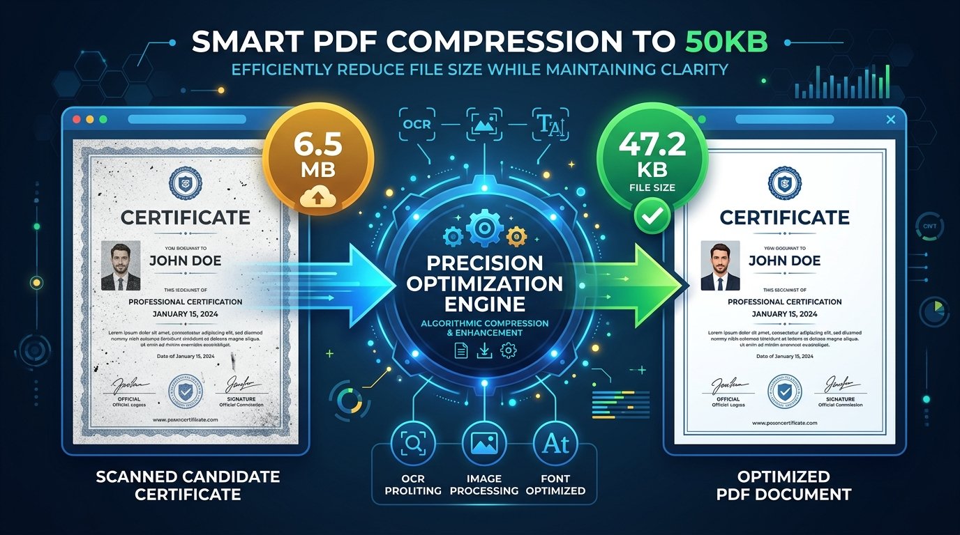 Infographic illustrating the 50KB PDF document compression pipeline reducing file size from 6.5MB to under 50KB