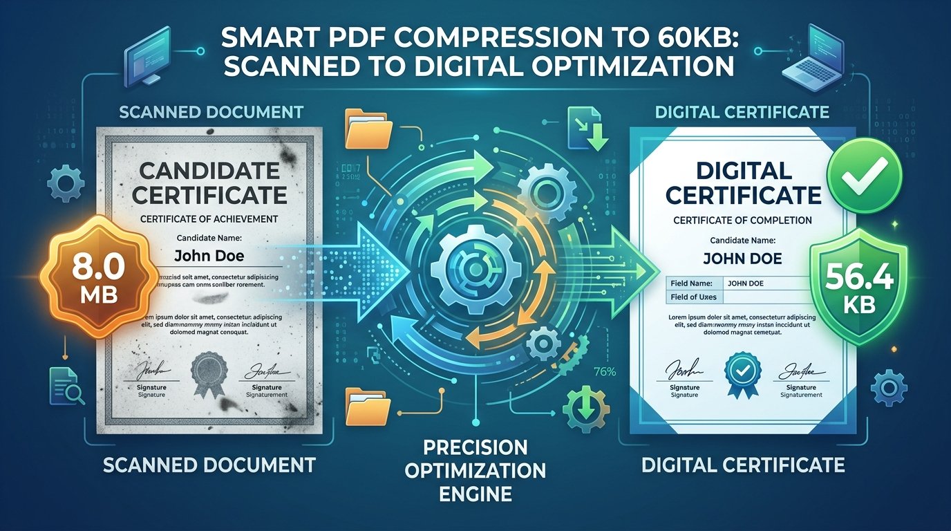 Infographic illustrating 60KB PDF document compression reducing file size from 8.0MB to under 60KB