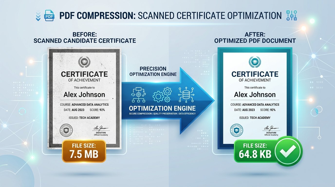 Infographic illustrating 70KB PDF document compression reducing file size from 7.5MB to under 70KB