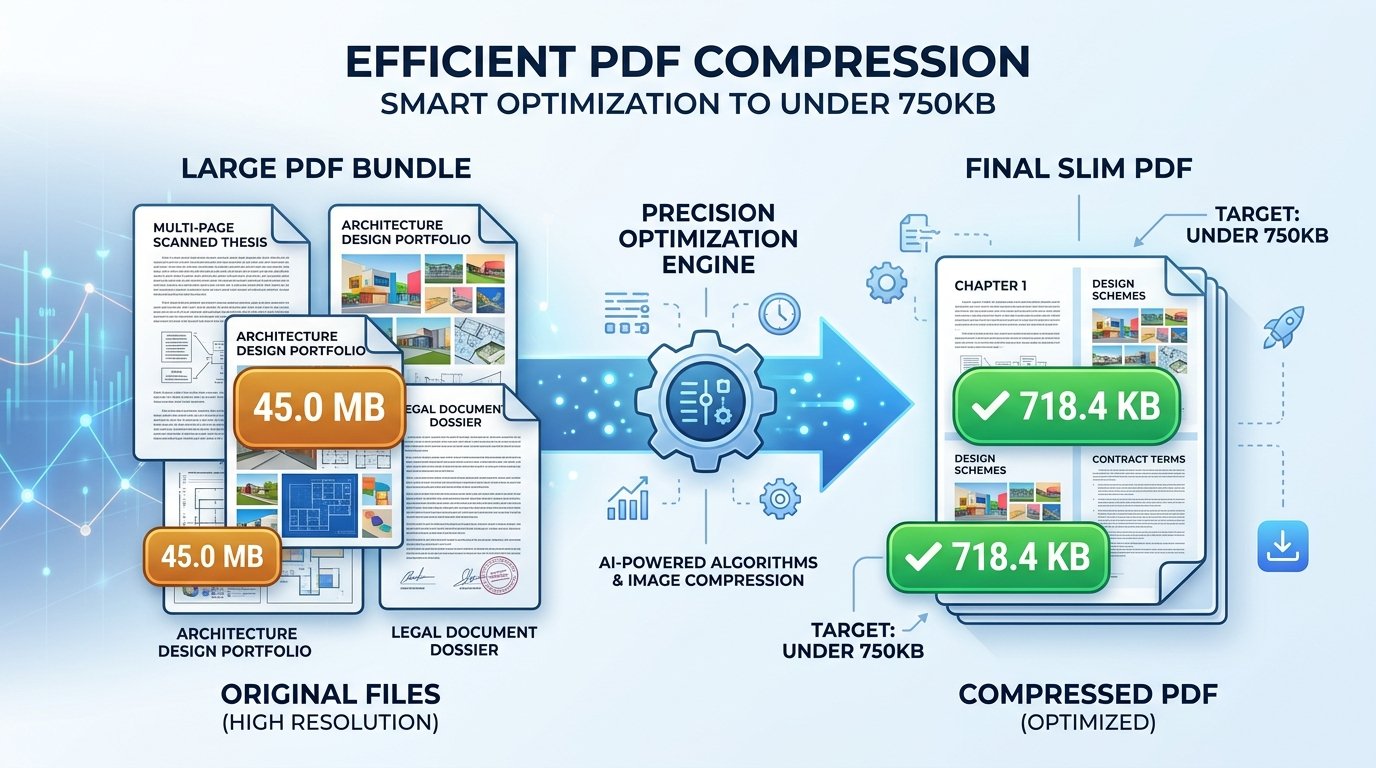 Infographic illustrating PDF document compression reducing file size from 45.0MB to under 750KB