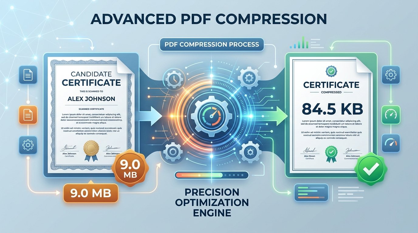 Infographic illustrating 90KB PDF document compression reducing file size from 9.0MB to under 90KB